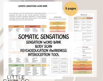 Somatic skills Awareness Psychoeducation handouts, Interoception, Body Scan, mind body connection therapy tools, identifying felt senses,