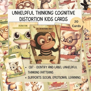 May include: A set of 20 cognitive distortion kids cards. The cards feature cartoon animal illustrations with text such as "Filter It Fin" and "All-or-Nothing Andy". The cards are designed to help children identify and label unhelpful thinking patterns and support social emotional learning.