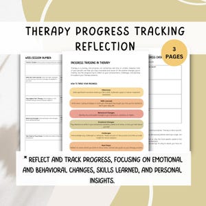 Może przedstawiać: Drukowana karta pracy do śledzenia postępów w terapii, składająca się z trzech stron. Karta pracy została zaprojektowana, aby pomóc w śledzeniu postępów w terapii, skupiając się na zmianach emocjonalnych i behawioralnych, zdobytych umiejętnościach i osobistych spostrzeżeniach.