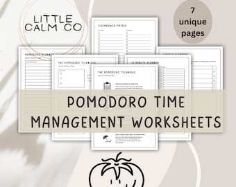 May include: A set of seven black and white printable worksheets for time management using the Pomodoro Technique. The worksheets include a Pomodoro planner, Eisenhower Matrix, 15-minute planner, and weekly planning. The title "Pomodoro Time Management Worksheets" is displayed in bold, black text. A smiling tomato illustration is at the bottom of the image.