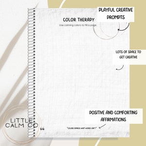 May include: A spiral-bound notebook with the text "COLOR THERAPY" and "Use calming colors to fill a page." The notebook also features "PLAYFUL CREATIVE PROMPTS," "LOTS OF SPACE TO GET CREATIVE," and "POSITIVE AND COMFORTING AFFIRMATIONS."