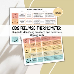 May include: A printable chart titled "Kids Feelings Thermometer" with a colorful thermometer scale showing different emotions and corresponding coping skills. The chart includes a happy face, a neutral face, and a sad face, with a range of emotions from calm and happy to angry and terrified. The chart also includes a list of coping skills for each emotion, such as taking deep breaths, squeezing a stress ball, and listening to music.