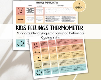 Feelings Thermometer with Coping Skills, Zones of Regulation, Feelings Scale, Emotion Regulation Handout Kids, Mental Health
