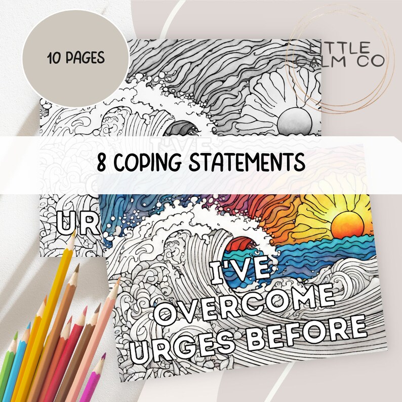 Mindfulness coloring page featuring waves and sun