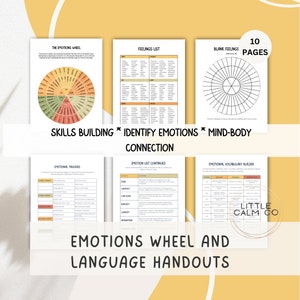 Könnte beinhalten: Ein Satz druckbarer Arbeitsblätter zur Entwicklung emotionaler Fähigkeiten. Die Arbeitsblätter beinhalten eine Gefühlsliste, ein Emotionsrad und ein leeres Emotionsrad. Die Arbeitsblätter sollen helfen, Emotionen zu identifizieren und die Verbindung zwischen Körper und Geist aufzubauen. Die Arbeitsblätter sind Teil eines 10-seitigen Sets.