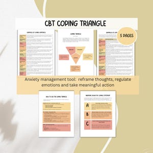 May include: A printable worksheet with the title "CBT Coping Triangle" and the text "Anxiety management tool: reframe thoughts, regulate emotions and take meaningful action". The worksheet includes a diagram of a triangle with the words "Thoughts", "Feelings", and "Actions" at each point. The worksheet also includes examples of coping sentences and instructions on how to use the coping triangle.