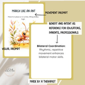 May include: A printable card with an illustration of an ant and the text "March like an ant" and "March in place or in a line, lifting knees high." The card also includes the text "Movement Prompt" and "Visual Prompt".