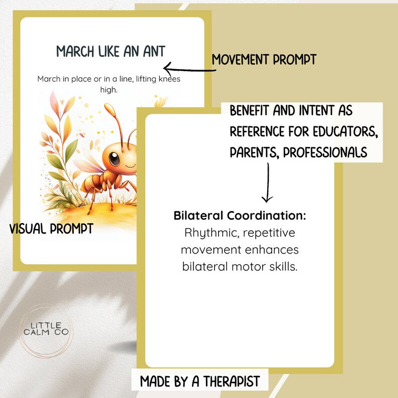 May include: A printable card with an illustration of an ant and the text "March like an ant" and "March in place or in a line, lifting knees high." The card also includes the text "Movement Prompt" and "Visual Prompt".