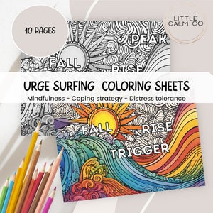 Urge surfing mindfulness coloring in pages, coping statements, addiction management and recovery, mental health tool, manage urges