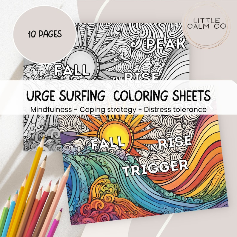 Coloring in mindfulness page of large wave and sun. It has urge surfing words written on it of trigger, rise, peak, and fall. it is in zentangle style.