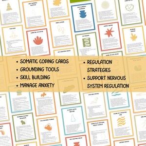 May include: A set of colorful cards with illustrations and text. The cards are divided into four categories: Somatic Coping Cards, Grounding Tools, Skill Building, and Manage Anxiety. Each card features a different coping strategy or technique.