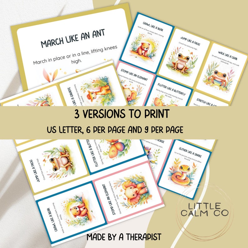 May include: Printable cards featuring colourful illustrations of animals with instructions for movement activities like "March like an ant" and "Jump like a frog". The cards are designed for use in a classroom or therapy setting.