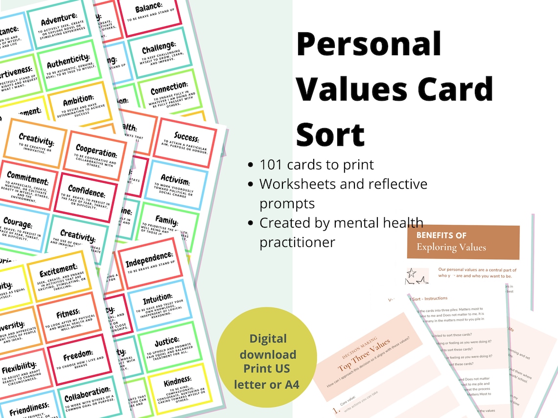 Personal values card exercise 101 values card to print core values