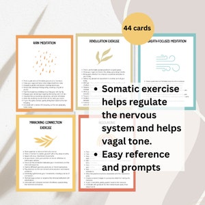 May include: 44 colorful cards with a variety of exercises and meditations to help regulate the nervous system and vagal tone. The cards feature illustrations of raindrops, leaves, clouds, and a mirror. The text on the cards includes phrases like "Rain Meditation", "Pendulation Exercise", "Breath-Focused Meditation", "Mirroring Connection Exercise", and "Resourcing".  Somatic exercise helps regulate the nervous system and helps vagal tone. Easy reference and prompts.