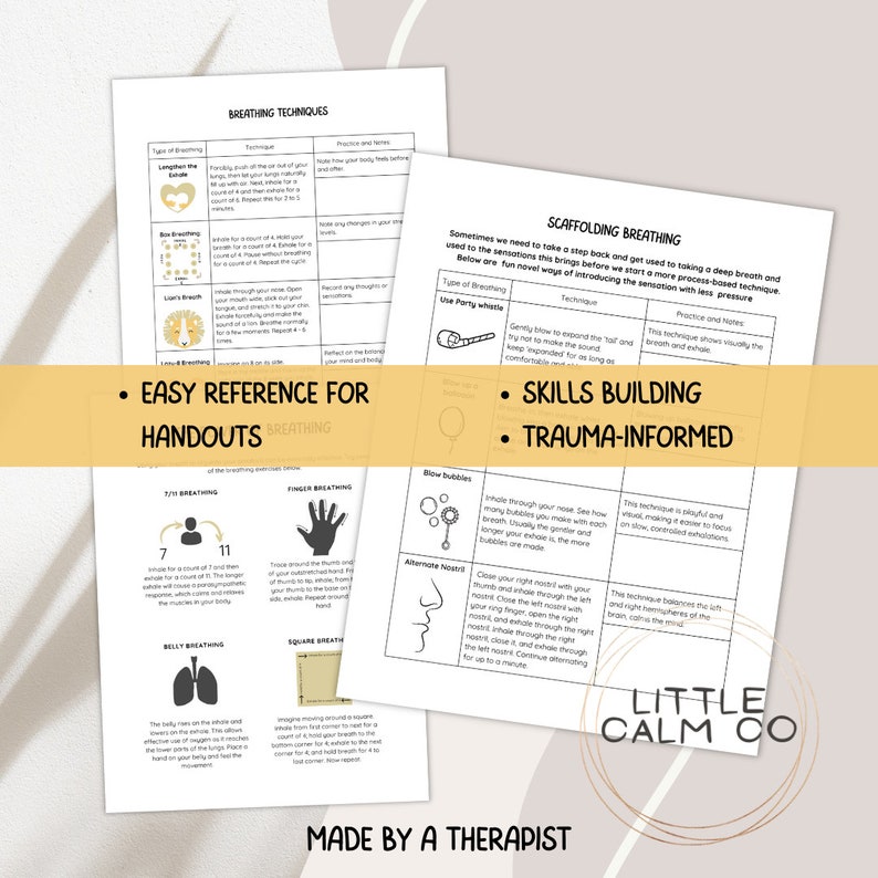 May include: A printable worksheet with breathing techniques for children. The worksheet includes illustrations and instructions for different breathing exercises, such as 7/11 breathing, finger breathing, belly breathing, and square breathing. The worksheet also includes a section on scaffolding breathing, which is a trauma-informed approach to breathing.