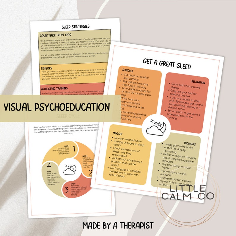 May include: A printable worksheet with tips for getting a good night's sleep. The worksheet is divided into sections with headings such as "Sleep Strategies", "Get a Great Sleep", "Sleep Cycle", "Mindset", "Relaxation", "Thoughts". The worksheet includes illustrations of a sleeping person, a cloud with stars, and a clock.