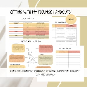 May include: A printable worksheet titled "Sitting with My Feelings Handouts" with a table listing core emotions, intermediate emotions, and nuanced emotions. The worksheet also includes a section on "Felt Sense Language" with examples of how to identify and name emotions.