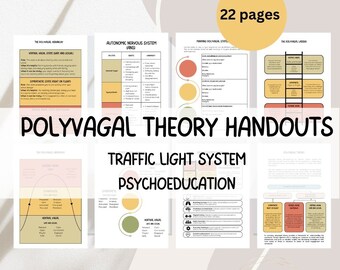 May include: A set of 22 printable handouts on Polyvagal Theory, a neurophysiological model of the autonomic nervous system. The handouts include diagrams, charts, and text explaining the three states of the nervous system: ventral vagal, sympathetic, and dorsal vagal. The handouts also include a traffic light system for understanding the different states.