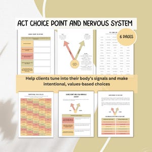 Może przedstawiać: Zestaw drukowanych arkuszy roboczych, aby pomóc klientom w dostrojeniu się do sygnałów ich ciała i podejmowaniu świadomych, opartych na wartościach decyzji. Zestaw arkuszy roboczych zawiera sekcje dotyczące identyfikacji wartości, punktu wyboru i układu nerwowego oraz zrozumienia punktu wyboru. Arkusze robocze są w jasnoróżowym i żółtym schemacie kolorów.
