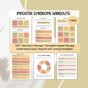 May include: A set of seven printable handouts on imposter syndrome. The handouts include information on what imposter syndrome is, its signs and symptoms, causes and triggers, challenging imposter thoughts, managing triggers, the cycle of imposter thinking, and imposter thinking reflection prompts. The handouts are in a pink and orange color scheme.