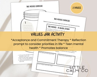 Values Jar Exercise | Values Acceptance and Commitment Therapy Values Activity | Burnout prevention | Therapy Worksheets Values and Handouts