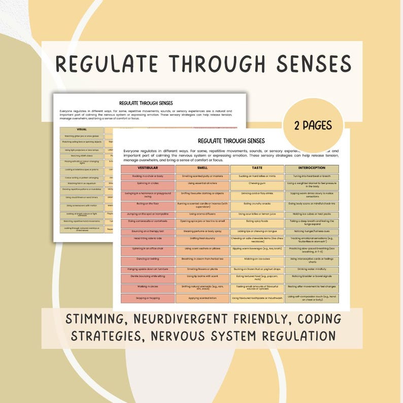 A promotional image for a digital download titled "Regulate Through Senses." It features two pages of a sensory regulation chart categorised by senses: visual, auditory, tactile, proprioceptive, vestibular, smell, taste, and interoception. The chart includes colourful boxes listing coping strategies and stimming behaviours. Text highlights the resource as "Stimming, neurodivergent friendly, coping strategies, nervous system regulation."