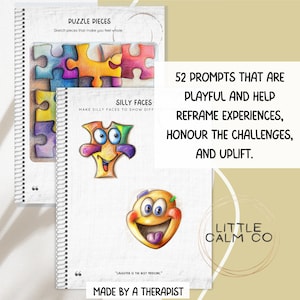 May include: Spiral-bound journal with colorful puzzle and silly face illustrations. Text reads "Puzzle Pieces" and "Silly Faces". The journal includes the text "52 prompts that are playful and help reframe experiences, honour the challenges, and uplift."