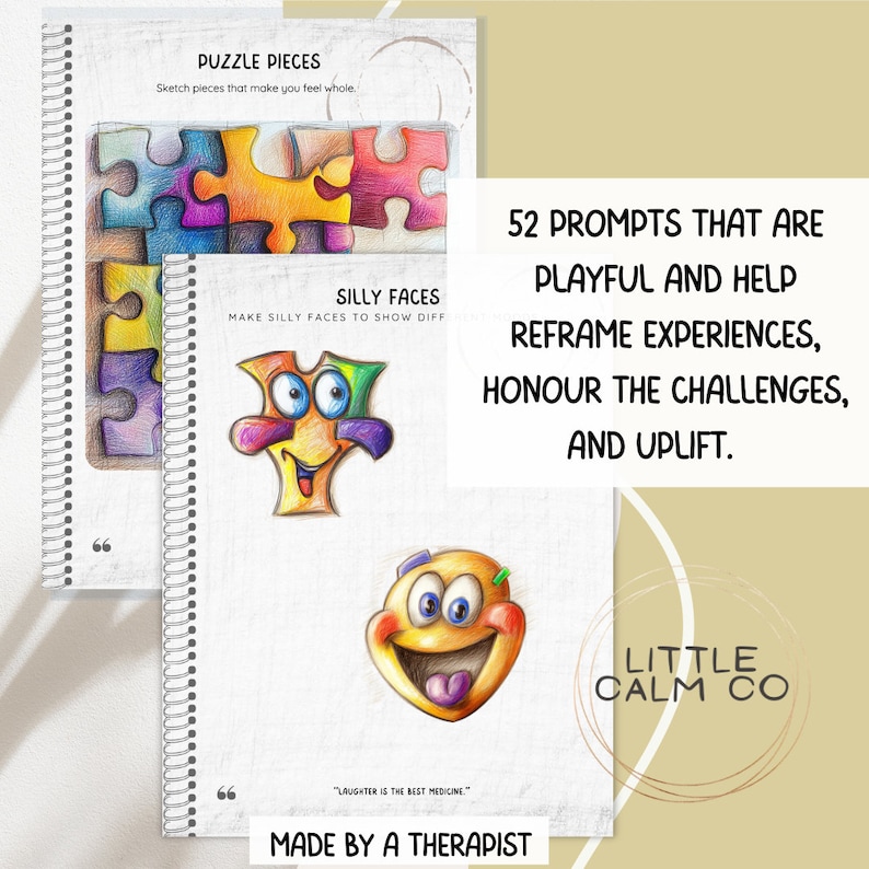 May include: Spiral-bound journal with colorful puzzle and silly face illustrations. Text reads "Puzzle Pieces" and "Silly Faces". The journal includes the text "52 prompts that are playful and help reframe experiences, honour the challenges, and uplift."