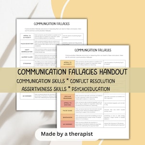 Op de afbeelding: Een handout met een lichtblauwe achtergrond en een witte rand. De titel is "Communication Fallacies Handout". De handout somt 10 veelvoorkomende communicatiefouten op met beschrijvingen van elk. De handout bevat ook de tekst "Communication Skills * Conflict Resolution * Assertiveness Skills * Psychoeducation". De handout is gemaakt door een therapeut.