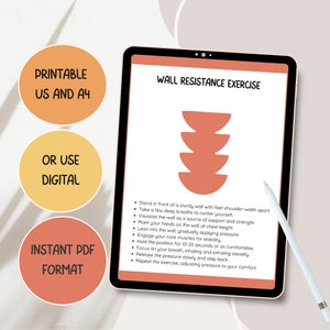 May include: Printable wall resistance exercise guide with instructions on how to perform the exercise. The guide features a simple illustration of a person leaning against a wall with their hands placed on the wall at chest height.