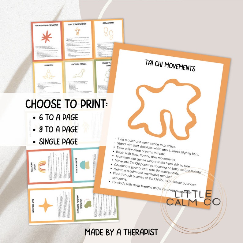 May include: Printable Tai Chi movements chart with instructions for practicing Tai Chi. The chart features a simple illustration of a Tai Chi symbol in orange and yellow. The text on the chart is in black and white. The chart is titled "Tai Chi Movements".