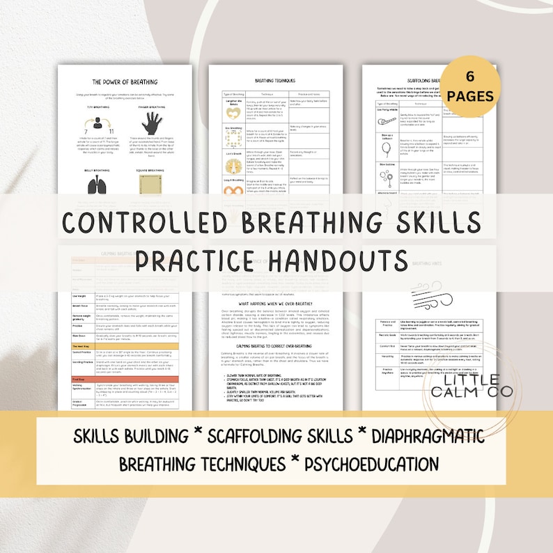 May include: A set of six black and white printable worksheets for controlled breathing skills practice handouts. The worksheets include information on the power of breathing, breathing techniques, scaffolding breathing, and what happens when we over-breathe. The title of the set is "Controlled Breathing Skills Practice Handouts".