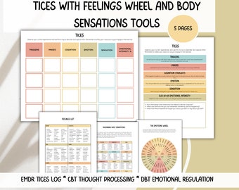 May include: A printable worksheet set for emotional regulation and thought processing. The worksheets include a feelings wheel, a body sensations chart, and a TICES log. The worksheets are designed to help people identify and manage their emotions.