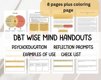 Wise Mind DBT Mindfulness skill psychoeducation handouts, reflection journal prompts