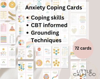 May include: A set of 72 colorful cards designed to help manage anxiety. The cards feature coping skills, CBT informed techniques, and grounding exercises. The cards are made by a therapist and are titled "Anxiety Coping Cards".