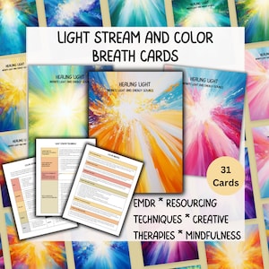 Tarjetas de respiración de color y flujo de luz con guión guiado, recursos EMDR, atención plena y visualización, alivio del estrés, herramienta de conexión a tierra