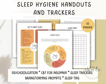 Folletos de higiene del sueño / Rastreador de sueño / Diario de sueño / TCC para el insomnio / Hojas de trabajo de terapia del sueño / Estrategias de autoayuda para dormir / Ciclo del sueño