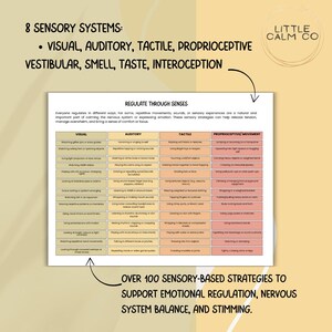 preview of printable mental health tool" Regulate through senses. writing next ot listing includes 8 sensory systems: visual, auditory, tactile, proprioceptive, vestibular, smell, taste, interception. over 100 coping strategies