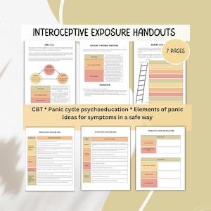 May include: A set of seven printable worksheets for interoceptive exposure therapy. The worksheets include information on the panic cycle, exposure to internal sensations, and breathing down. The worksheets are designed to help people with anxiety disorders learn to manage their symptoms in a safe way.