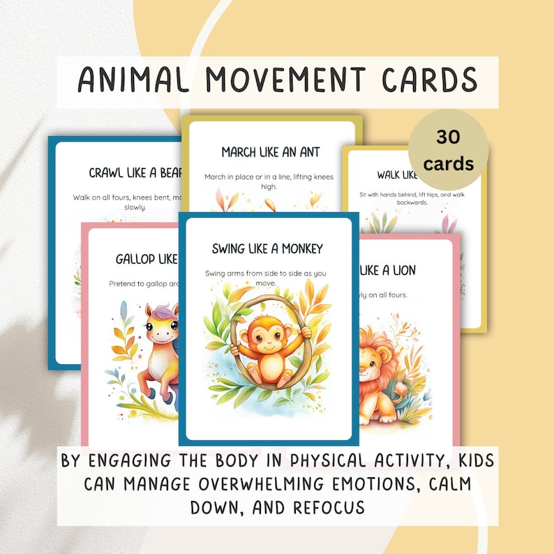 Kids Animal Movement Somatic Cards, Coping Skills, Brain Break, ADHD Transition Activity, Proprioceptive Self Regulation Skills image 2