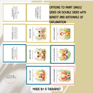 May include: Set of eight colourful cards featuring animal illustrations and instructions for movement exercises. Each card has a title such as "Jump Like a Frog" or "Stretch Like a Giraffe". The cards are designed to help children with motor skills, coordination, and sensory processing.