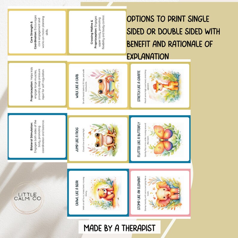 May include: Set of eight colourful cards featuring animal illustrations and instructions for movement exercises. Each card has a title such as "Jump Like a Frog" or "Stretch Like a Giraffe". The cards are designed to help children with motor skills, coordination, and sensory processing.