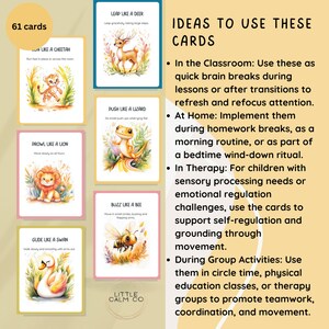May include: A set of 61 illustrated cards featuring animal movement prompts. Each card has a colourful illustration of an animal and a short description of how to move like that animal. The cards are designed to help children with sensory processing needs, emotional regulation, and self-regulation. The cards can be used in the classroom, at home, or in therapy.