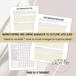 May include: A printable worksheet with the title "Brainstorming and Linking Behaviour to Outcome with Sleep" and the subtitle "Sleep Diary". The worksheet includes a table with the heading "Ideas to consider" and a list of sleep-related behaviors. The worksheet also includes a section titled "Quiet Activities" with a description of activities that can be done at night.