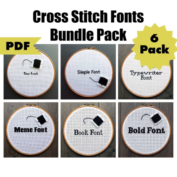 Cross Stitch Font Bundle Pack - Includes Full Alphabet and Symbols for: Tiny, Simple, Typewriter, Meme, Book, and Bold Fonts
