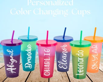 Custom Color Changing Tumbler - 24 oz White Font | Personalized Color Change Cups for Party Favor or Gift | Custom Cold Cup with Straw