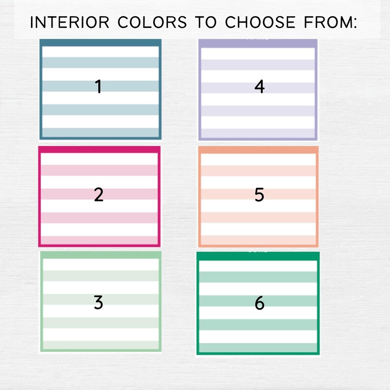 May include: Six color swatches with horizontal stripes. The swatches are numbered 1 through 6. The colors are blue, pink, green, purple, peach, and teal.