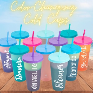 Personalized 24oz Color Changing Cold Cup Neon with White Font | Customizable Plastic Tumbler Cup with Straw