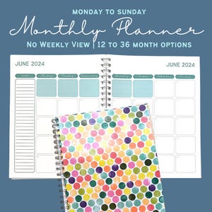8.5x11 Mon-Sun 2025 Monthly Spiral Planner |  2025 12 to 36 month Planner | Choose your start month | Two page month spread