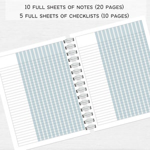 May include: An open spiral bound notebook with 10 full sheets of notes (20 pages) and 5 full sheets of checklists (10 pages). The pages are lined and have a light blue grid pattern.